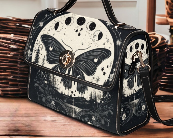 Cottagecore Moth and Moon Phases Canvas Satchel Bag, Witch Moon Phases Crossed body vegan leather strap hand bag, goth bag hippies boho gift