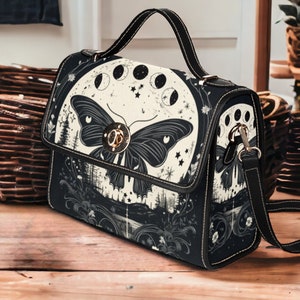 Cottagecore Moth and Moon Phases Canvas Satchel Bag, Witch Moon Phases Crossed body vegan leather strap hand bag, goth bag hippies boho gift