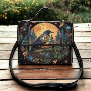 Bolso de mano de bruja de cuervo místico, bolso de accesorios elegante y único de brujería de cuervo crossbody de Cottagecore, bolso de hippies boho crossbody de cuero vegano