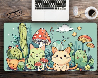 Kawaii cute cats anime large desk mat, cottagecore mushroom extended mouse pad, xxl large plant lover gaming mousepad, green cactus mosuepad