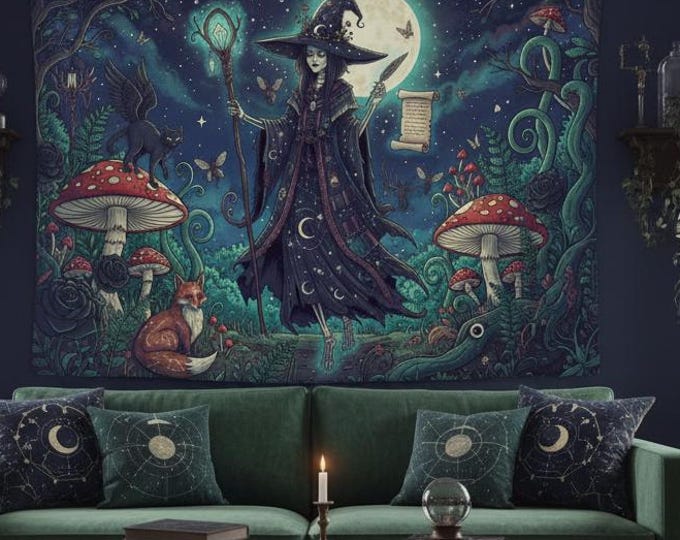 Witch Wall Art Tapestry, Msuhroom Tapestry, Fox Wall Art, Large Dark Academia Wall Art Decor, Boho Hippies Gift