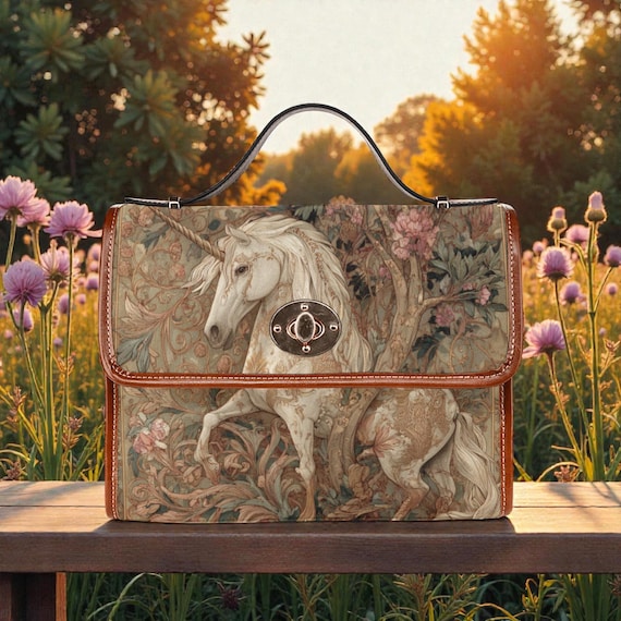 Vintage Fairy Tale Unicorn Bag | Tree of Life Medieval Art Satchel | Cottagecore & Boho Canvas Messenger | Fantasy Book Lover Gift