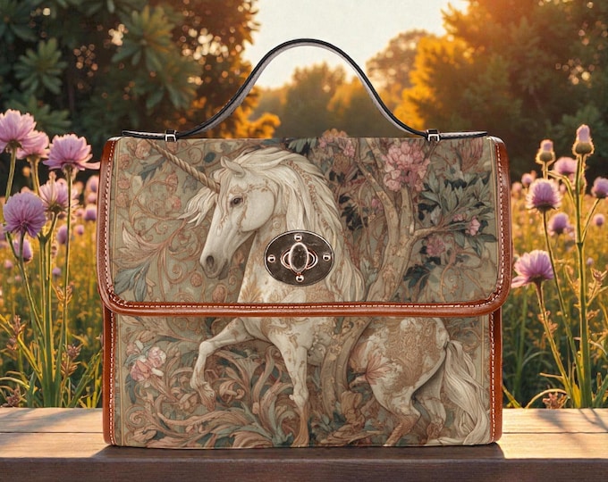 Vintage Fairy Tale Unicorn Bag | Tree of Life Medieval Art Satchel | Cottagecore & Boho Canvas Messenger | Fantasy Book Lover Gift