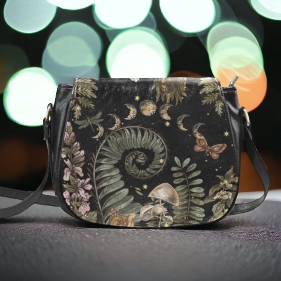 Boho Forest witch Black Vegan leather saddle bag, women mushroom crossed body purse, cute PU leather hand bag goth bag, hippies boho gift