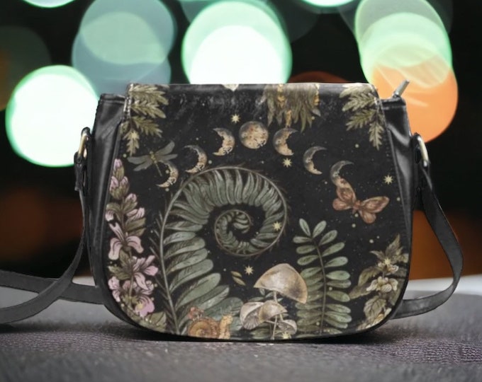 Boho Forest witch Black Vegan leather saddle bag, women mushroom crossed body purse, cute PU leather hand bag goth bag, hippies boho gift