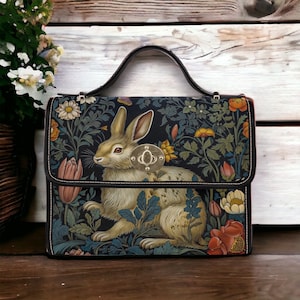 Bolso tipo cartera de lona con diseño de conejo boho, bolso bandolera con diseño de conejo de naturaleza silvestre, bolso gótico extravagante con ribete de cuero vegano Cottagecore, regalo bohemio hippie