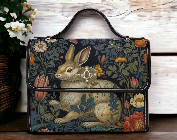Boho Cute rabbit Canvas Satchel bag, forest nature bunny crossbody purse, Cottagecore Vegan leather trim whimsy goth bag, hippies boho gift