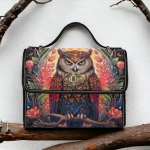 Magical Owl Dark academia canvas satchel bag, Witchy Dark Cottagecore Whimsy goth Black poetic Vegan leather trim crossbody messenger bag Black