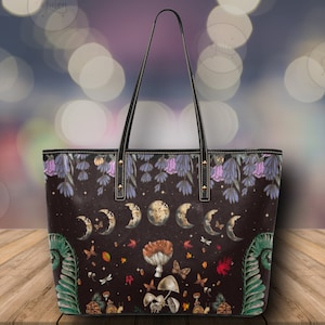 Moon phases mushroom vegan leather tote bag, Cute women mushroom handbag goth purse, cute vegan leather hand bag goth bag, hippies boho gift