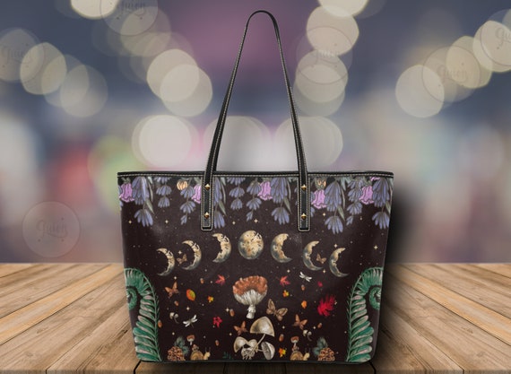 Moon phases mushroom vegan leather tote bag, Cute women mushroom handbag goth purse, cute vegan leather hand bag goth bag, hippies boho gift