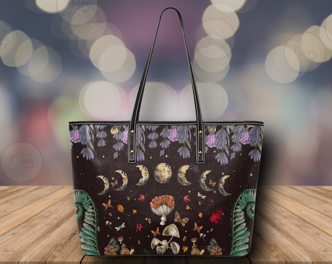 Moon phases mushroom vegan leather tote bag, Cute women mushroom handbag goth purse, cute vegan leather hand bag goth bag, hippies boho gift