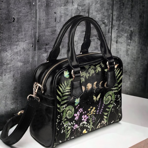 Magic Moon forest Cottagecore Boho Witch handbag, moon phase aesthetic Cute PU Vegan leather shoulder strap purse bag wrist handbag