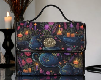 Magic Potion Canvas Satchel bag, Witch’s Brew Cauldron crossbody Witchy purse, Cute Vegan leather strap Dark Cottagecore adjustable strap