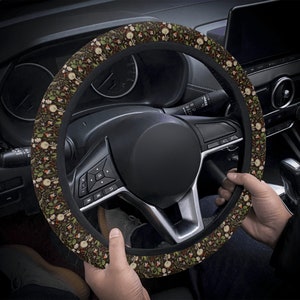 Mushroom Floral Boho Car Steering Wheel Cover, Cottagecore Cute Green Floral Steering Wheel Cover, Boho Cottagecore Car Interior Decor Gift