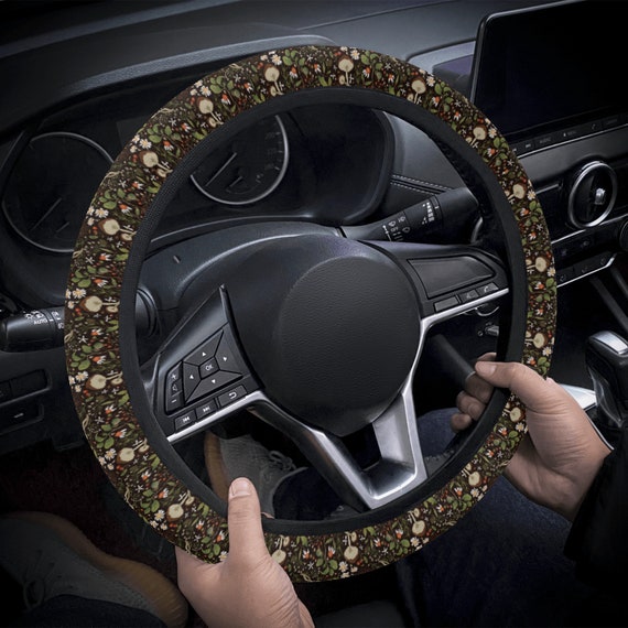 Mushroom Floral Boho Car Steering Wheel Cover, Cottagecore Cute Green Floral Steering Wheel Cover, Boho Cottagecore Car Interior Decor Gift