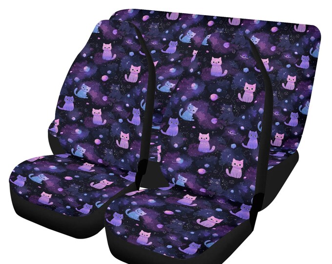 Purple Space Kittens Car Seat Cover For Women, Cottagecore Kawaii Witch Front Bucket Seat Cover For Car Vehicle, Celestial Space seat cover