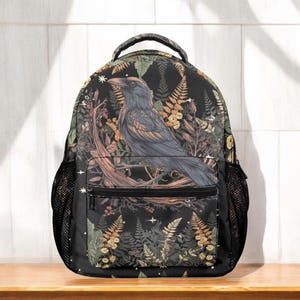 Sac à dos sorcière corbeau noir, sac à dos animal nature, sac à dos de rentrée scolaire, sac d'école sombre sorcière nature botanique, sac boho cottagecore