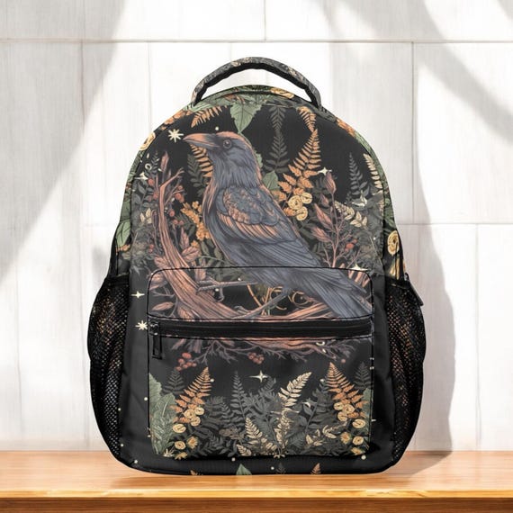 Dark Crow witchy backpack, nature animal backpack, back to school day pack, botanical nature witchy dark school bag, boho cottagecore bag