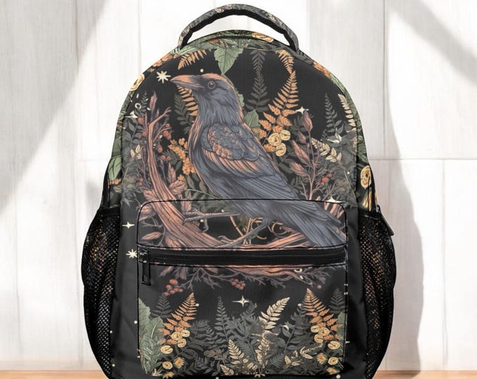 Dark Crow witchy backpack, nature animal backpack, back to school day pack, botanical nature witchy dark school bag, boho cottagecore bag