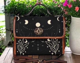 Starry moon phases witchy Canvas Satchel bag, Cute women moon crossbody purse, cute vegan leather strap hand bag goth bag, hippies boho gift