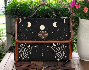 Starry moon phases witchy Canvas Satchel bag, Cute women moon crossbody purse, cute vegan leather strap hand bag goth bag, hippies boho gift