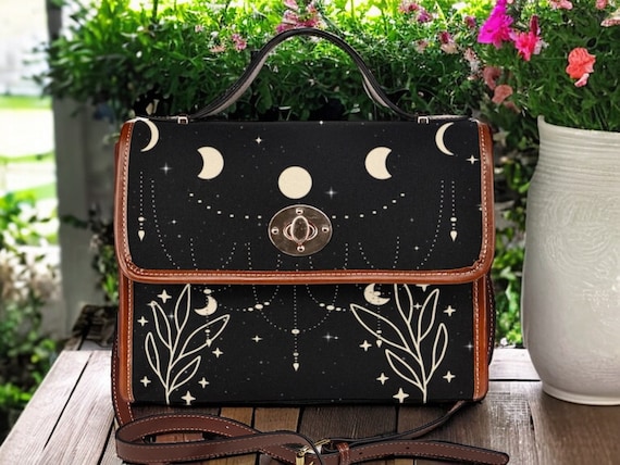Starry moon phases witchy Canvas Satchel bag, Cute women moon crossbody purse, cute vegan leather strap hand bag goth bag, hippies boho gift