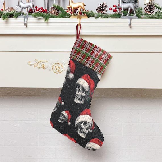 Santa Skull Sequin Stocking, Perfect for stuffing Santa's Gifts, Witchy Fireplace Decor, Goth Skull Christmas, Goblincore gift idea