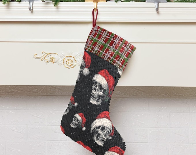 Santa Skull Sequin Stocking, Perfect for stuffing Santa's Gifts, Witchy Fireplace Decor, Goth Skull Christmas, Goblincore gift idea
