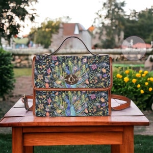 Peacock Feather Print Nature Boho Canvas Satchel bag, Cute women nature cross body sac à main, sac à main en cuir végétalien, sac boho hippies