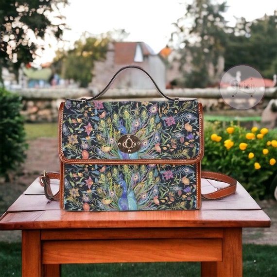 Peacock Feather Print Nature Boho Canvas Satchel bag, Cute women nature crossed body purse, vegan leather strap hand bag, hippies boho bag
