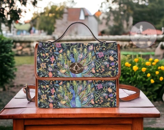 Peacock Feather Print Nature Boho Canvas Satchel bag, Cute women nature crossed body purse, vegan leather strap hand bag, hippies boho bag
