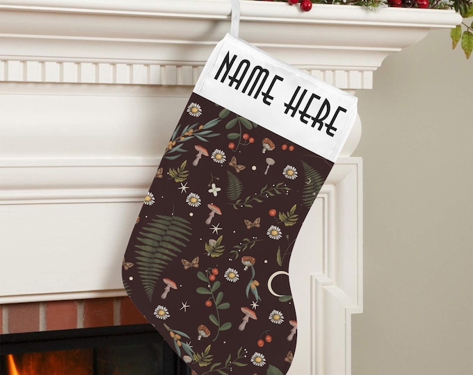 Celestial Mushroom Fern Cottagecore Green witch Forest Christmas Stocking, dark witch Christmas decor, nature personalized stocking decor