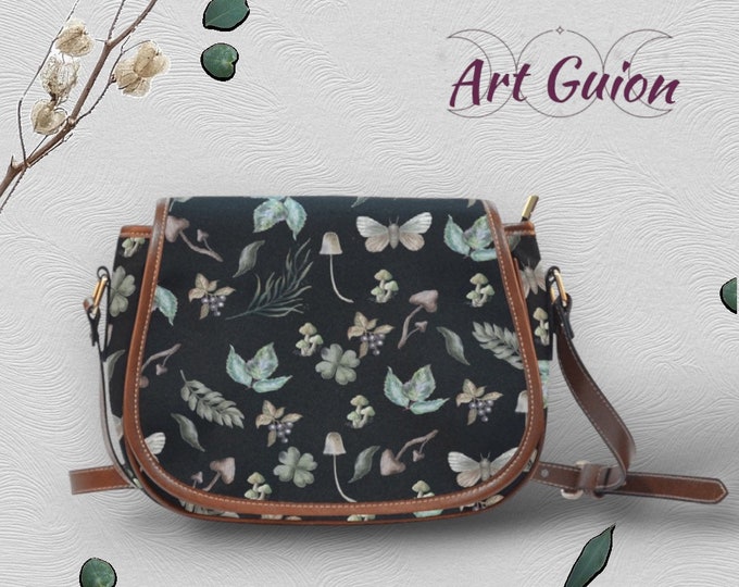 Boho mushroom Vegan leather Waterproof Cottagecore saddle bag, brown strap bag, cute PU leather hand bag, cottagecore floral bag for women
