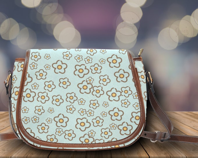 Cottagecore Cute Kawaii Floral Vegan leather saddle bag, Cute Kawaii crossed body purse women, vegan shoulder bag, hippies boho gift