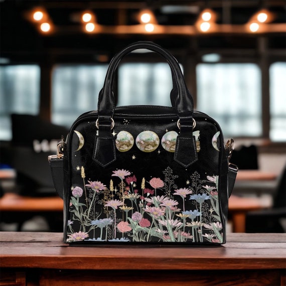 Wildflowers Moon phases Witchy bowler handbag, Black crossbody purse, Dark academia Vegan leather cute shoulder strap purse Goth bag Boho,