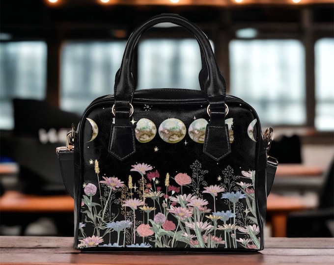 Wildflowers Moon phases Witchy bowler handbag, Black crossbody purse, Dark academia Vegan leather cute shoulder strap purse Goth bag Boho,