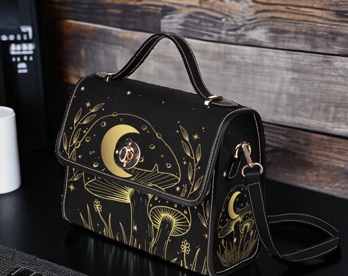 Witch Canvas Satchel bag, Cute women mushroom moon cross body purse, cute vegan strap hand bag, boho gift goth hand bag, boho hippies gift