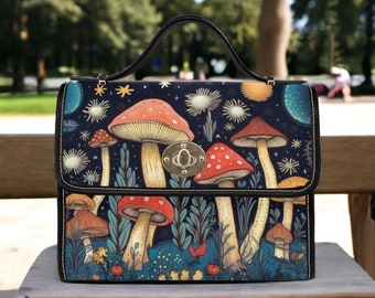 Retro Mushroom Satchel bag, cottagecore mushroom forest nature crossed body purse, vegan leather strap hand bag, hippies boho gift purse