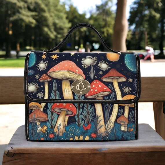 Retro Mushroom Satchel bag, cottagecore mushroom forest nature crossed body purse, vegan leather strap hand bag, hippies boho gift purse