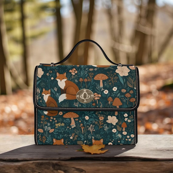 Green Mushroom Fox Cottagecore Canvas Satchel bag, cottagecore forest women purse, cute vegan leather strap hand bag boho bag, hippies gift