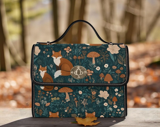 Green Mushroom Fox Cottagecore Canvas Satchel bag, cottagecore forest women purse, cute vegan leather strap hand bag boho bag, hippies gift