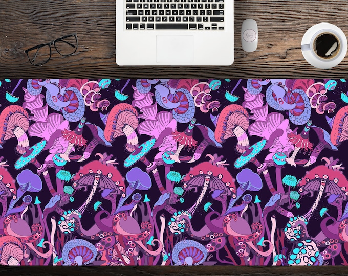 Trippy Pyschedelic Mushroom Large Purple Desk Mat, Large Desk PAd for Gaming, Kawaii Witch Desk Mat, Lofi Gaming Mouse Pad for Gamers