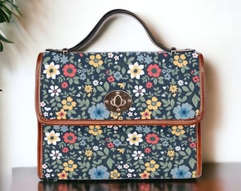 Cottagecore Summer Flowers Canvas Satchel bag, cute vegan leather strap hand bag boho bag, hippies boho gift, colorful floral handbag gift