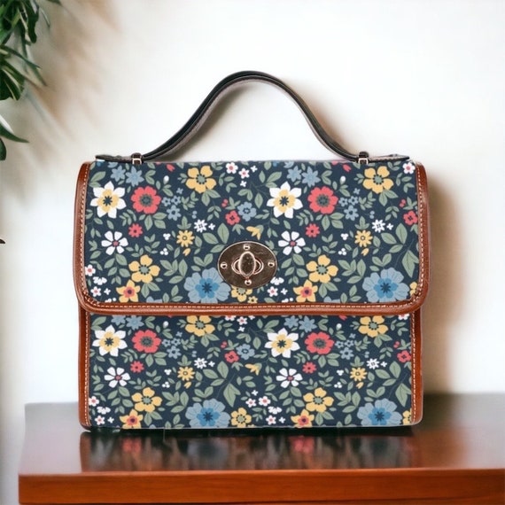 Cottagecore Summer Flowers Canvas Satchel bag, cute vegan leather strap hand bag boho bag, hippies boho gift, colorful floral handbag gift