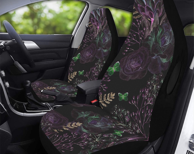 Dark Roses Boho Witch Car Seat Cover For Women, Cottagecore Cute Dark Floral Front Bucket Seat Cover For Car Vehicle, Nature seat cover