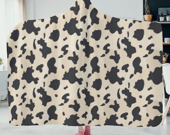 Personalized Cow Print Hooded Blanket, Cottagecore Soft Hooded Blanket Christmas Gift , Baby Shower Gift, Cow Print Blanket Camping Blanket