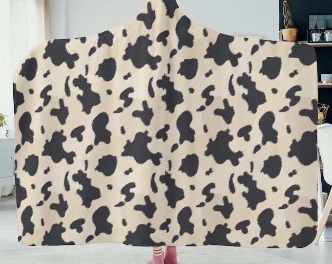 Personalized Cow Print Hooded Blanket, Cottagecore Soft Hooded Blanket Christmas Gift , Baby Shower Gift, Cow Print Blanket Camping Blanket
