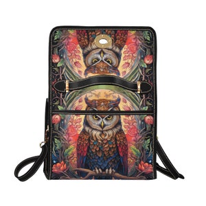 Magical Owl Dark academia canvas satchel bag, Witchy Dark Cottagecore Whimsy goth Black poetic Vegan leather trim crossbody messenger bag image 7