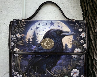 Dark Cottagecore Witchy Crow Black Canvas Satchel bag, Cute women nature crossbody purse, cute black strap hand bag, hippies boho gift purse