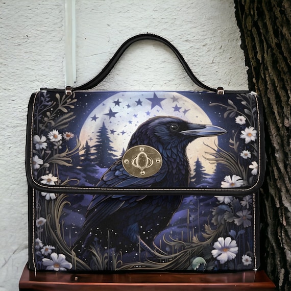 Dark Cottagecore Witchy Crow Black Canvas Satchel bag, Cute women nature crossbody purse, cute black strap hand bag, hippies boho gift purse